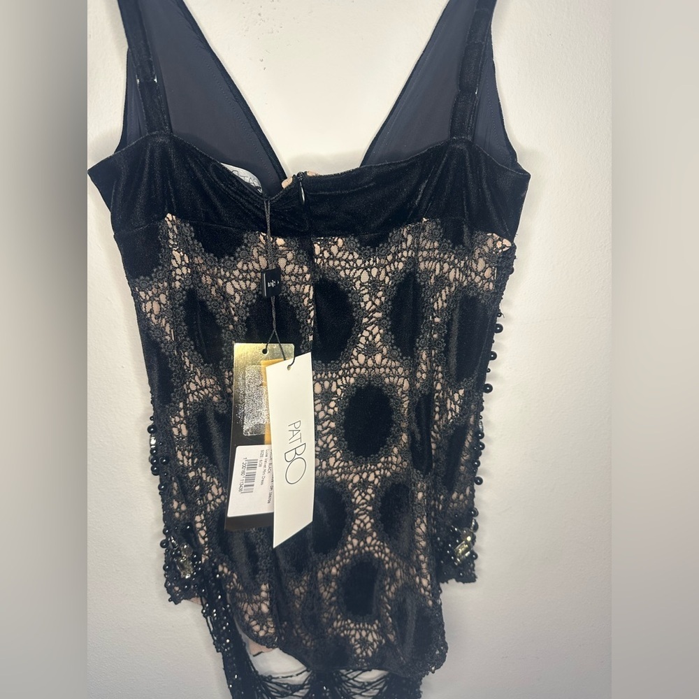 NWT PATBO black velvet fringe mini dress hand beaded rhinestone crochet Gatsby - Picture 15 of 16